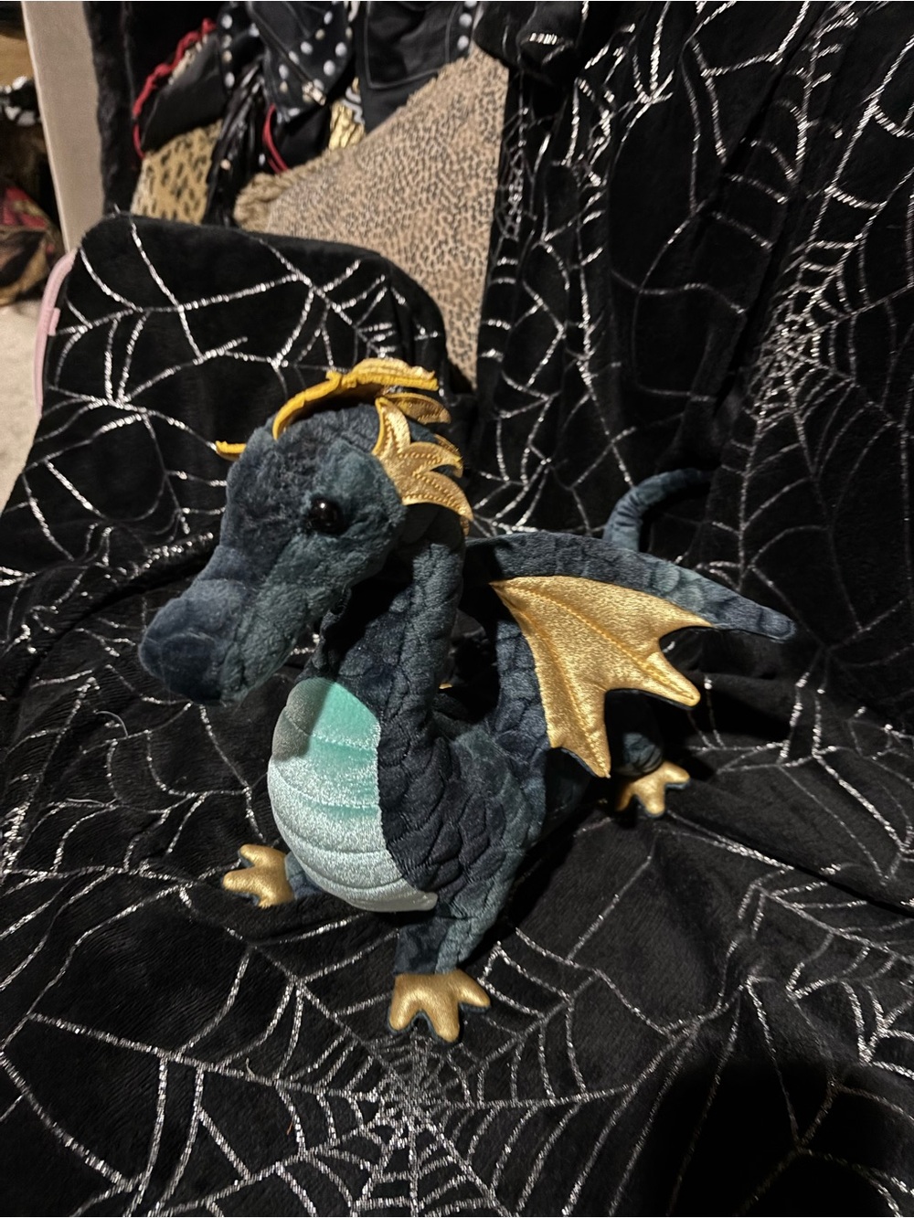 Abrand Teal Plush Dragon with Gold Wings and Accents